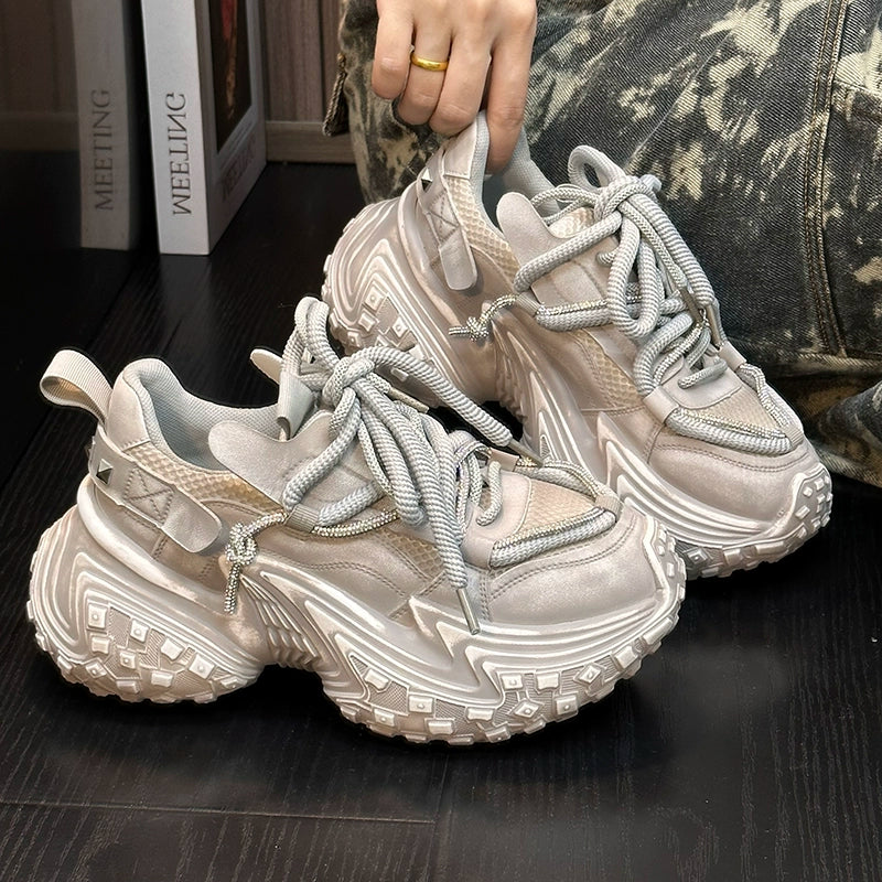 Retro old platform dad shoes women's 2024 autumn new leather polished muffin bottom heightening casual sports shoes