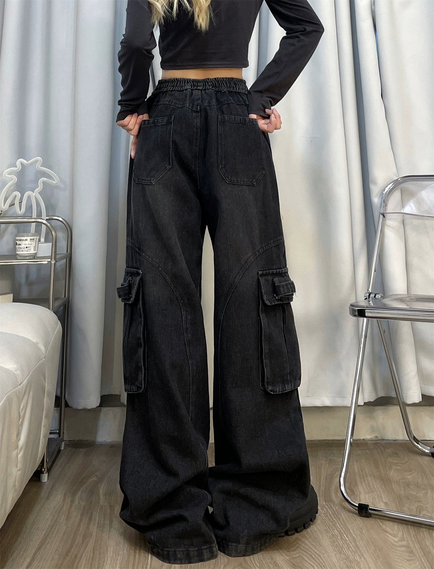 American retro jeans old washed overalls women's heavy industry design loose straight trousers
