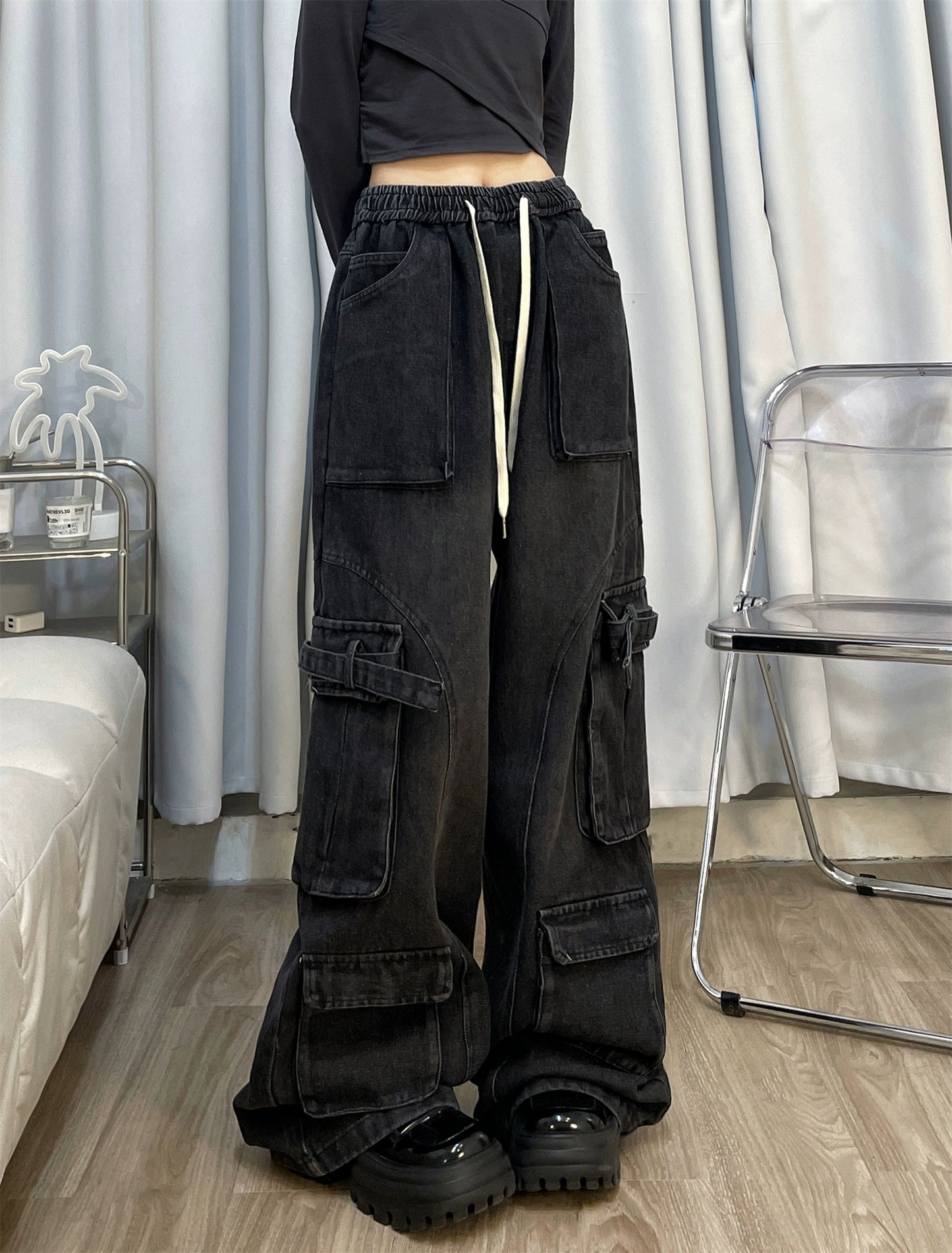 American retro jeans old washed overalls women's heavy industry design loose straight trousers