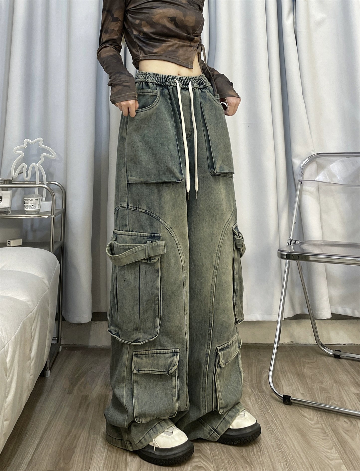 American retro jeans old washed overalls women's heavy industry design loose straight trousers