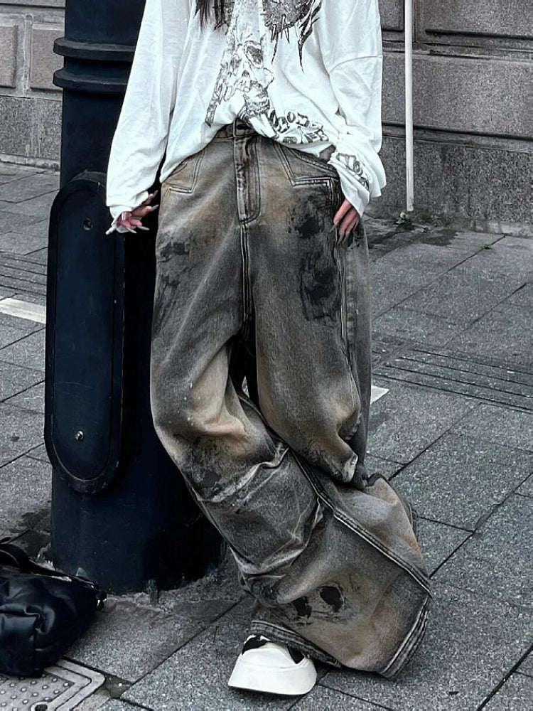 Large size American street heavy industry dirty stained jeans men's and women's autumn and winter retro old loose pleated floor pants