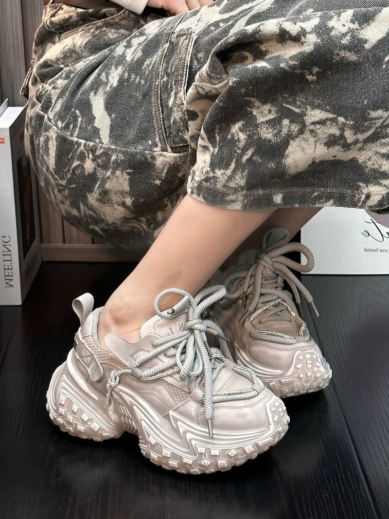 Retro old platform dad shoes women's 2024 autumn new leather polished muffin bottom heightening casual sports shoes