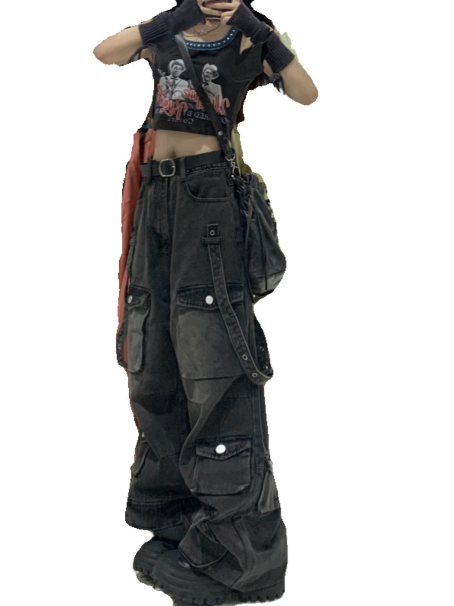 American high street vibe retro multi-pocket lumberjack jeans women's trendy design loose straight wide-leg pants