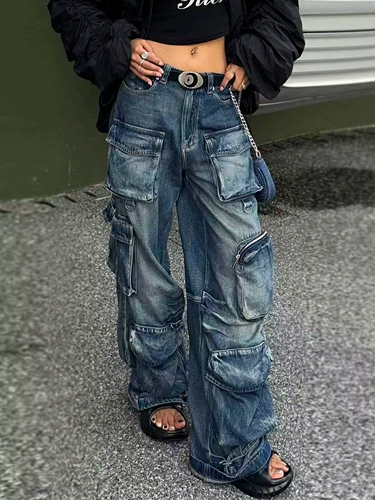 American retro multi-pocket tooling jeans men and women street style babes do old washed wide-leg pants tide