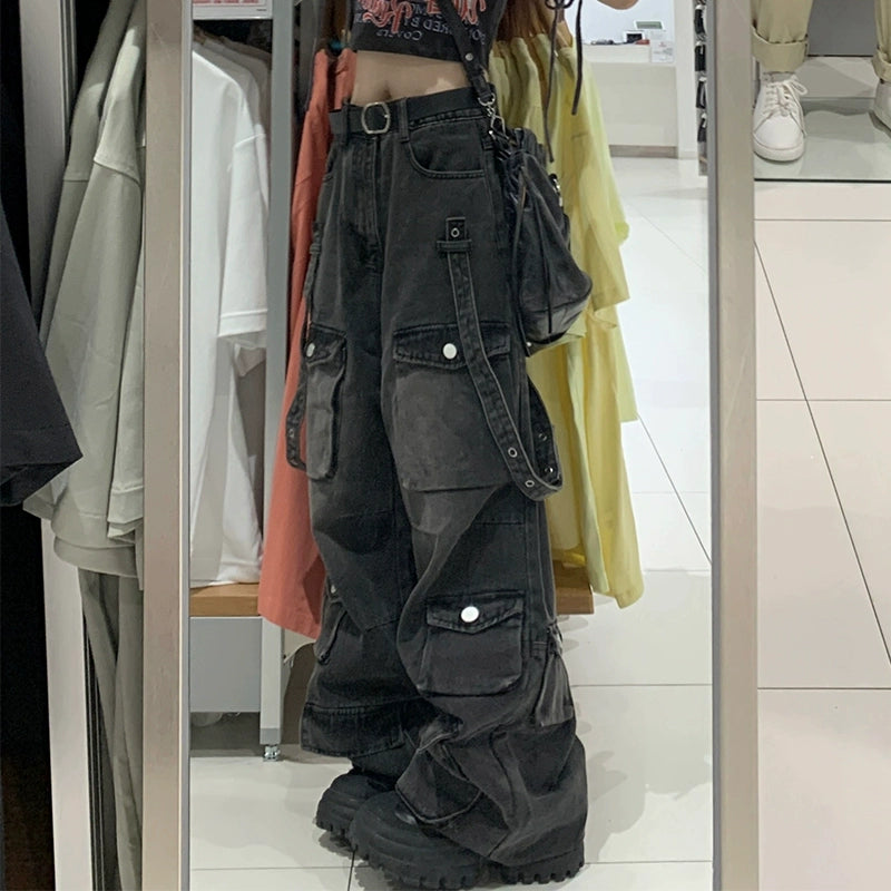 American high street vibe retro multi-pocket lumberjack jeans women's trendy design loose straight wide-leg pants