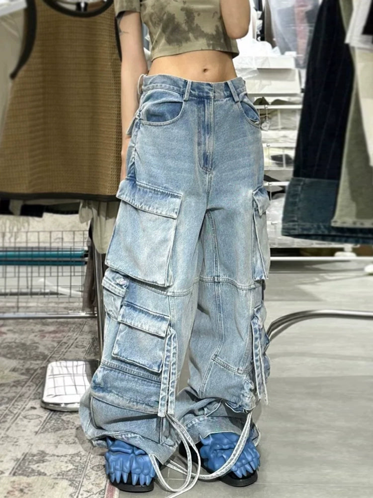 American retro multi-pocket washed straight tooling jeans men's and women's street wide-leg hip-hop trendy pants