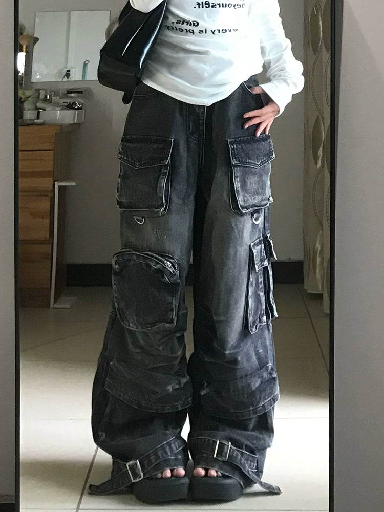 American retro multi-pocket tooling jeans men and women street style babes do old washed wide-leg pants tide