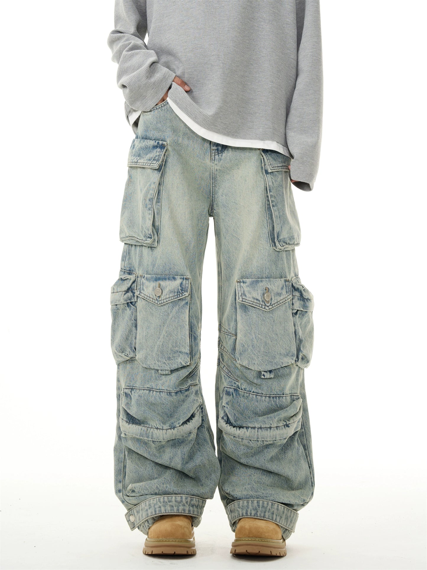 Heavy washed multi-pocket old jeans men's niche loose straight American pants