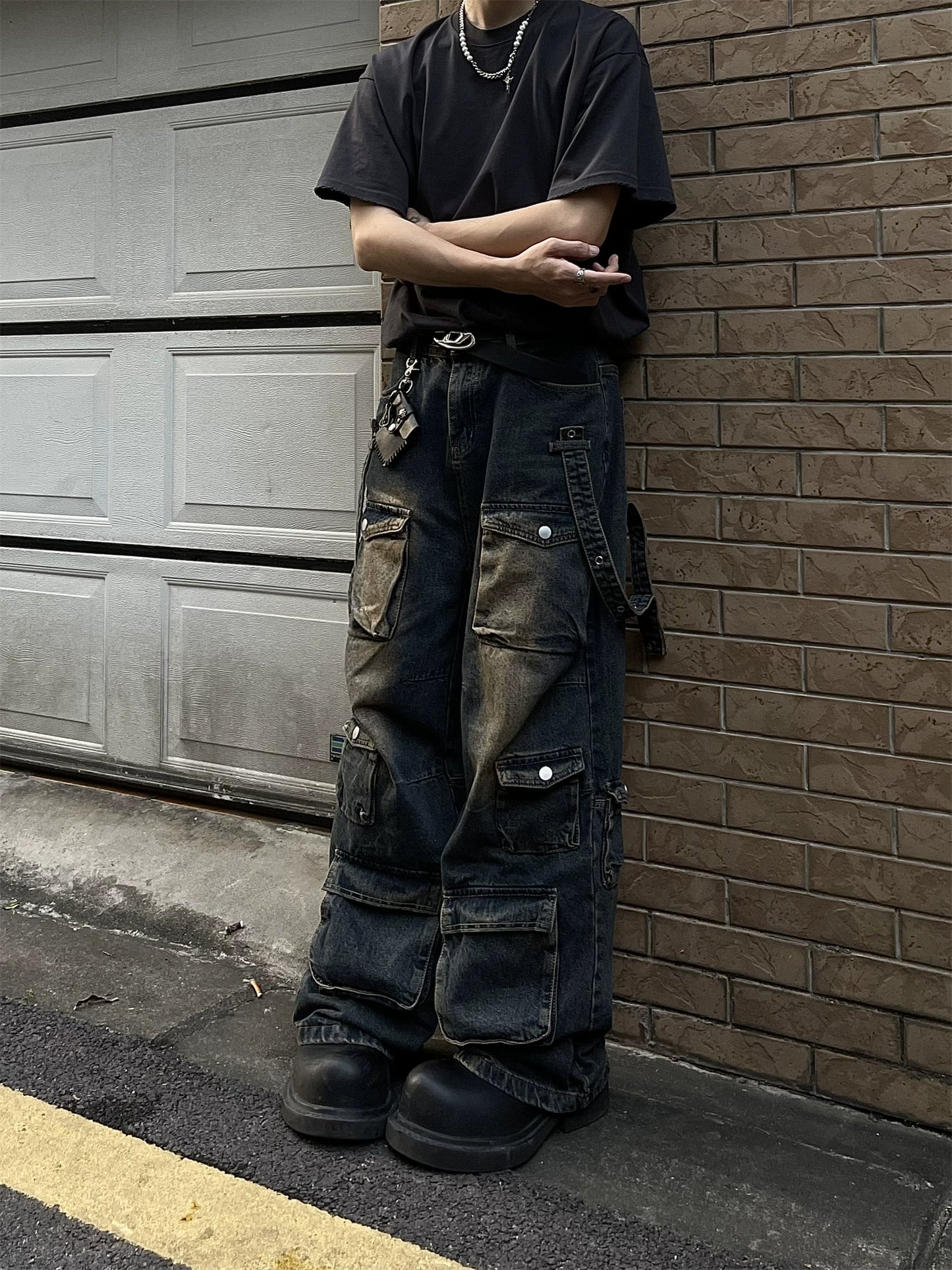 American retro yellow mud contrasting color multi-pocket tooling jeans men's and women's loose straight hip-hop trousers
