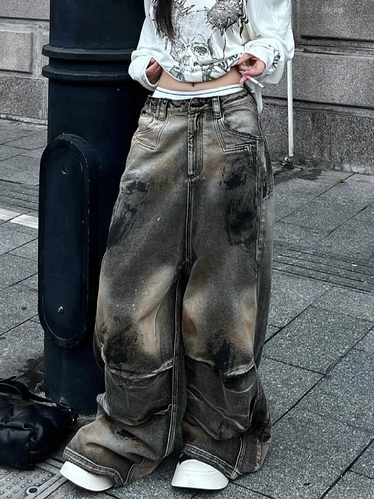 Large size American street heavy industry dirty stained jeans men's and women's autumn and winter retro old loose pleated floor pants