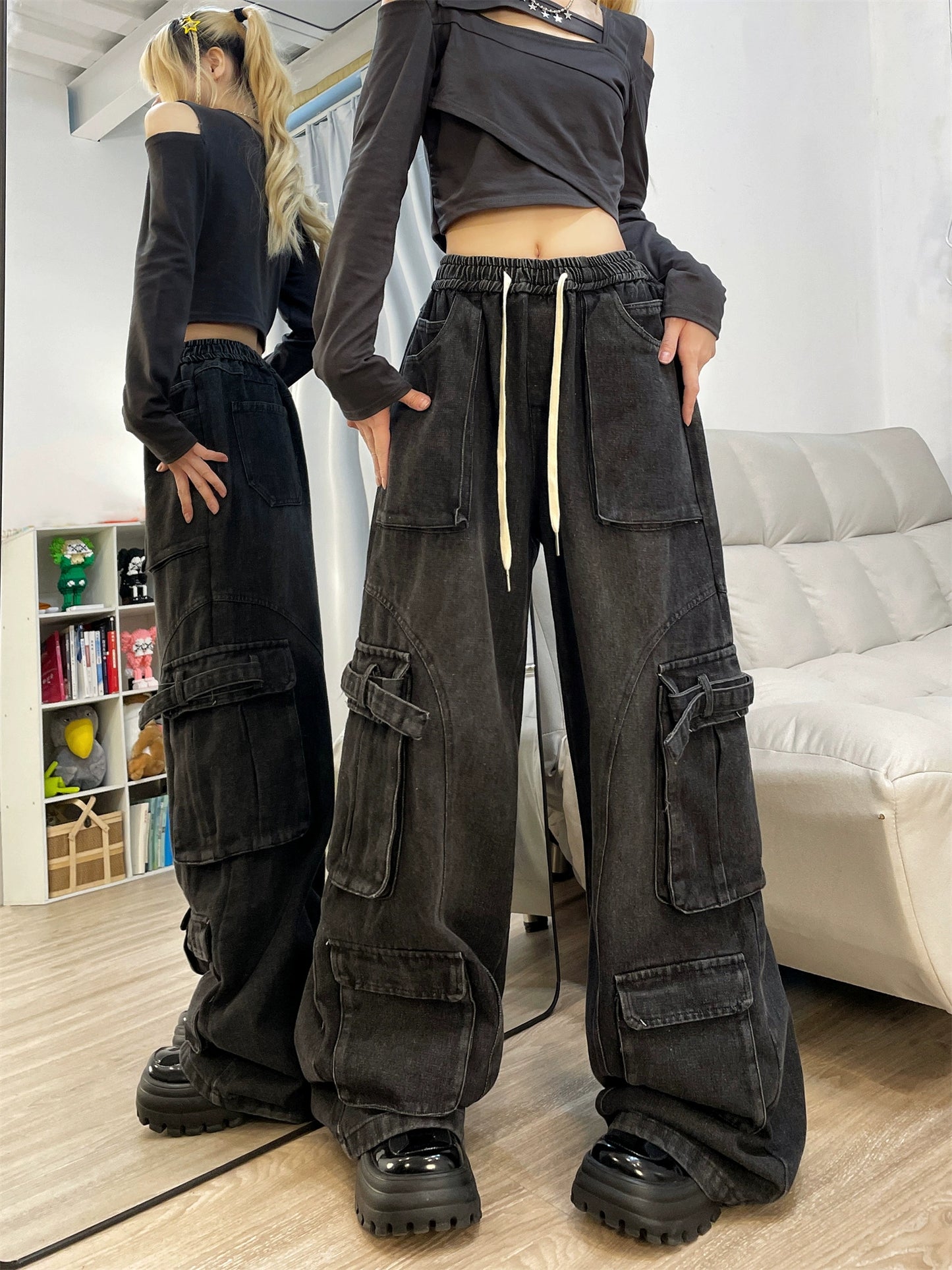 American retro jeans old washed overalls women's heavy industry design loose straight trousers