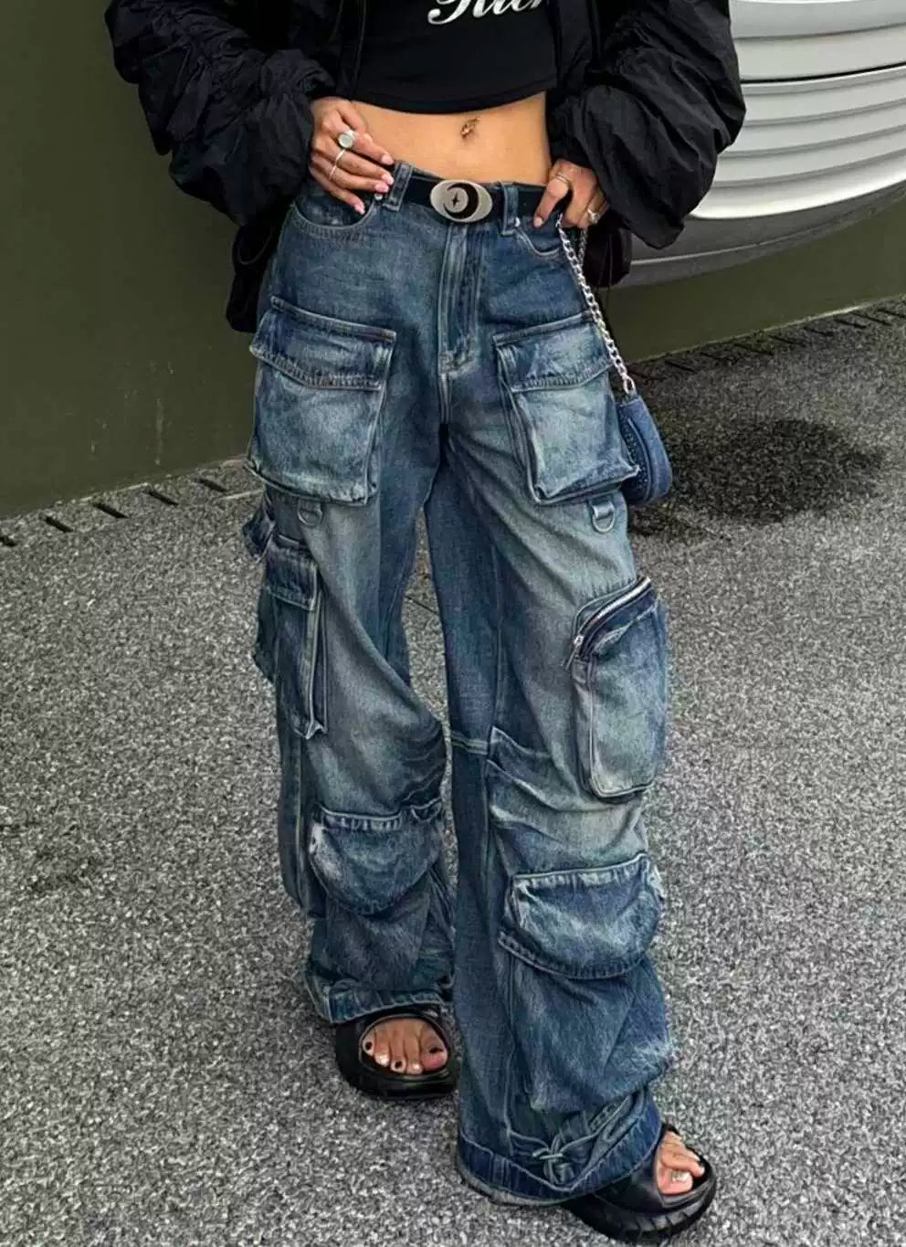 American retro multi-pocket denim overalls children autumn and winter street style spice girls do old washed wide-leg trousers tide