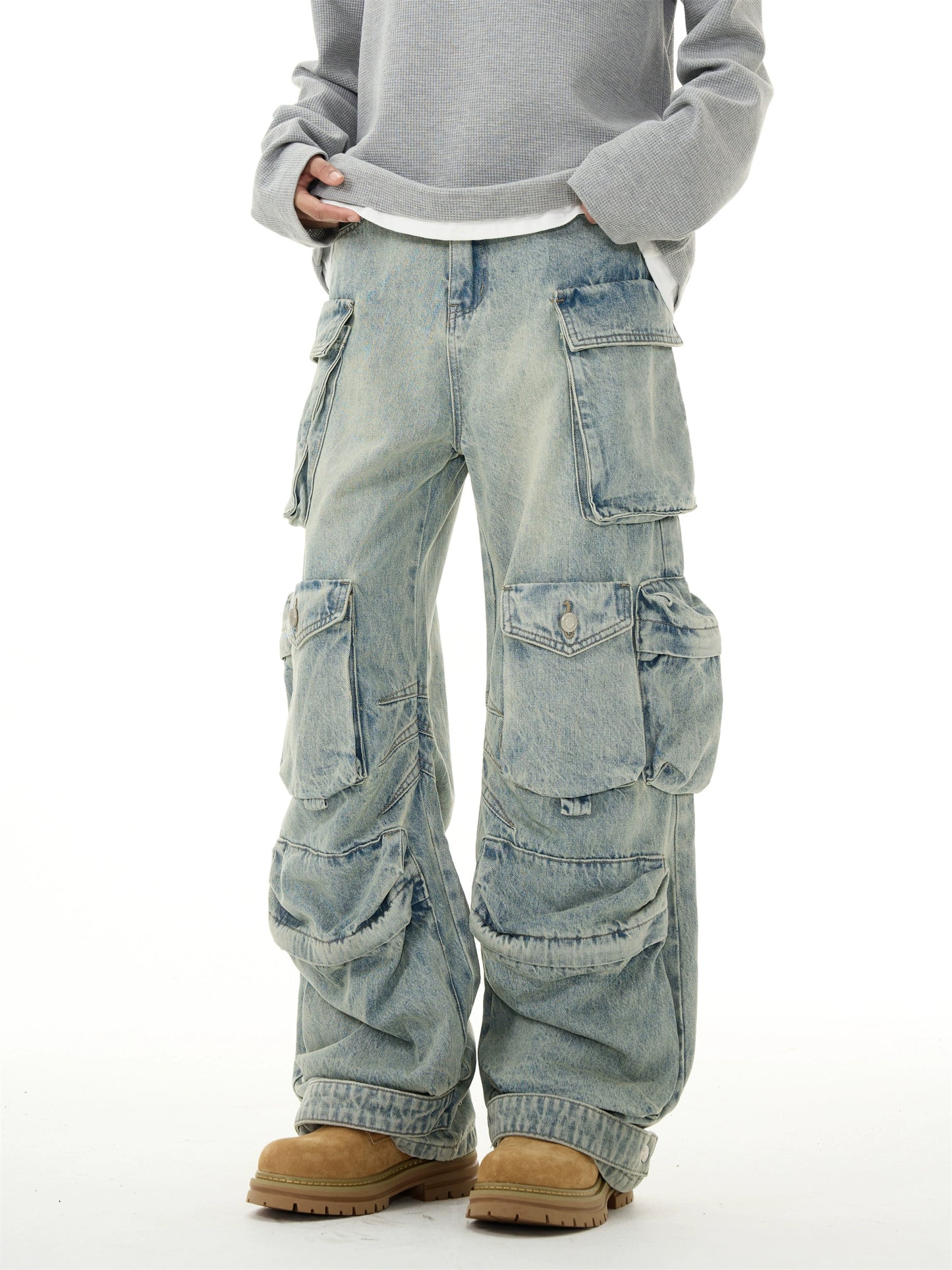 Heavy washed multi-pocket old jeans men's niche loose straight American pants