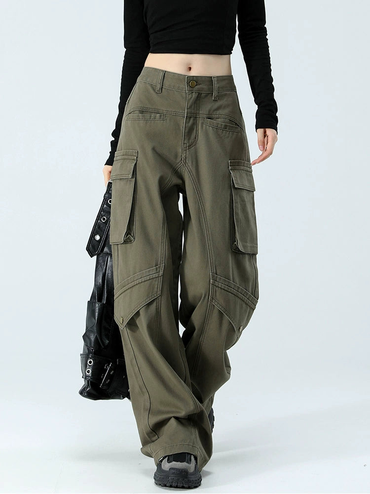 American overalls women's autumn 2024 new trendy brand army green loose wide-leg jeans straight and thin