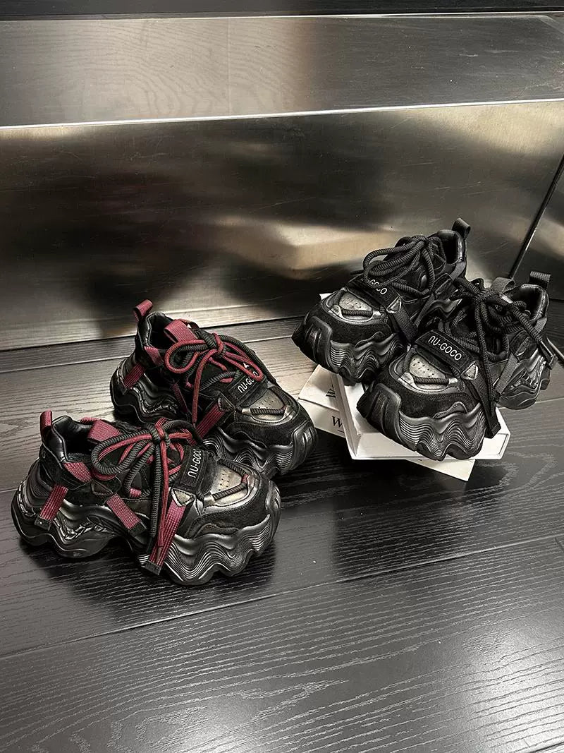 European genuine leather muffin platform dad shoes women's 2024 autumn and winter new retro small height increase sports and leisure shoes