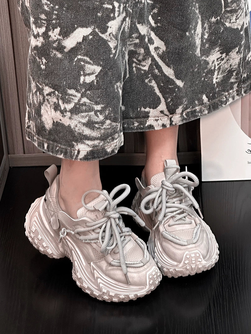 Retro old platform dad shoes women's 2024 autumn new leather polished muffin bottom heightening casual sports shoes