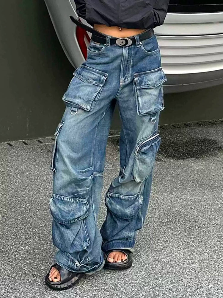 American retro multi-pocket tooling jeans men and women street style babes do old washed wide-leg pants tide