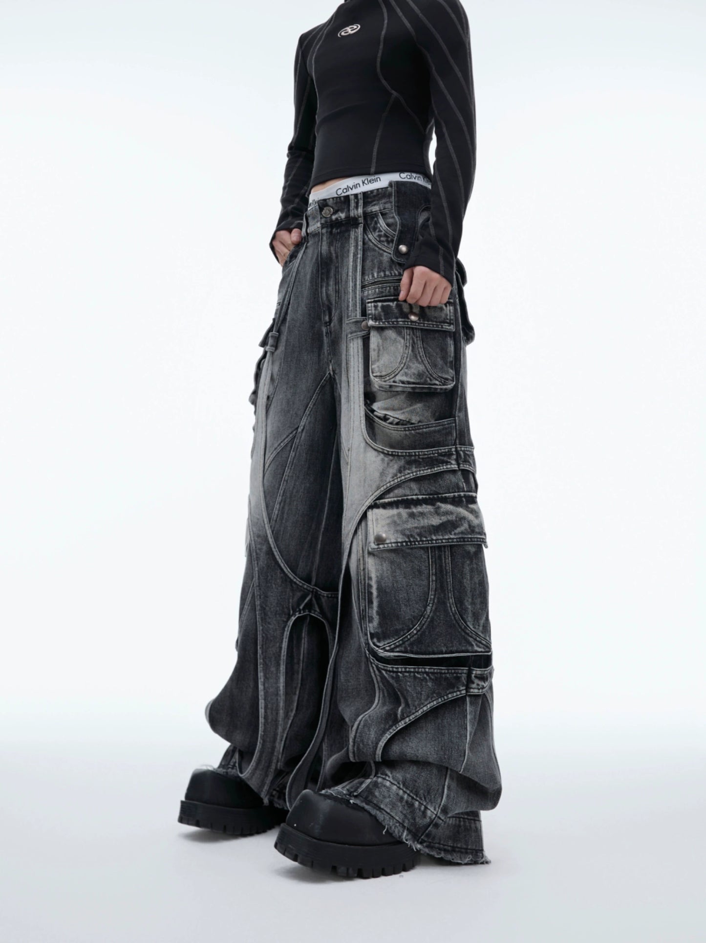 special-shaped engraved, heavy-duty washed wide-leg jeans, streamer-wrapped loose multi-pocket overalls