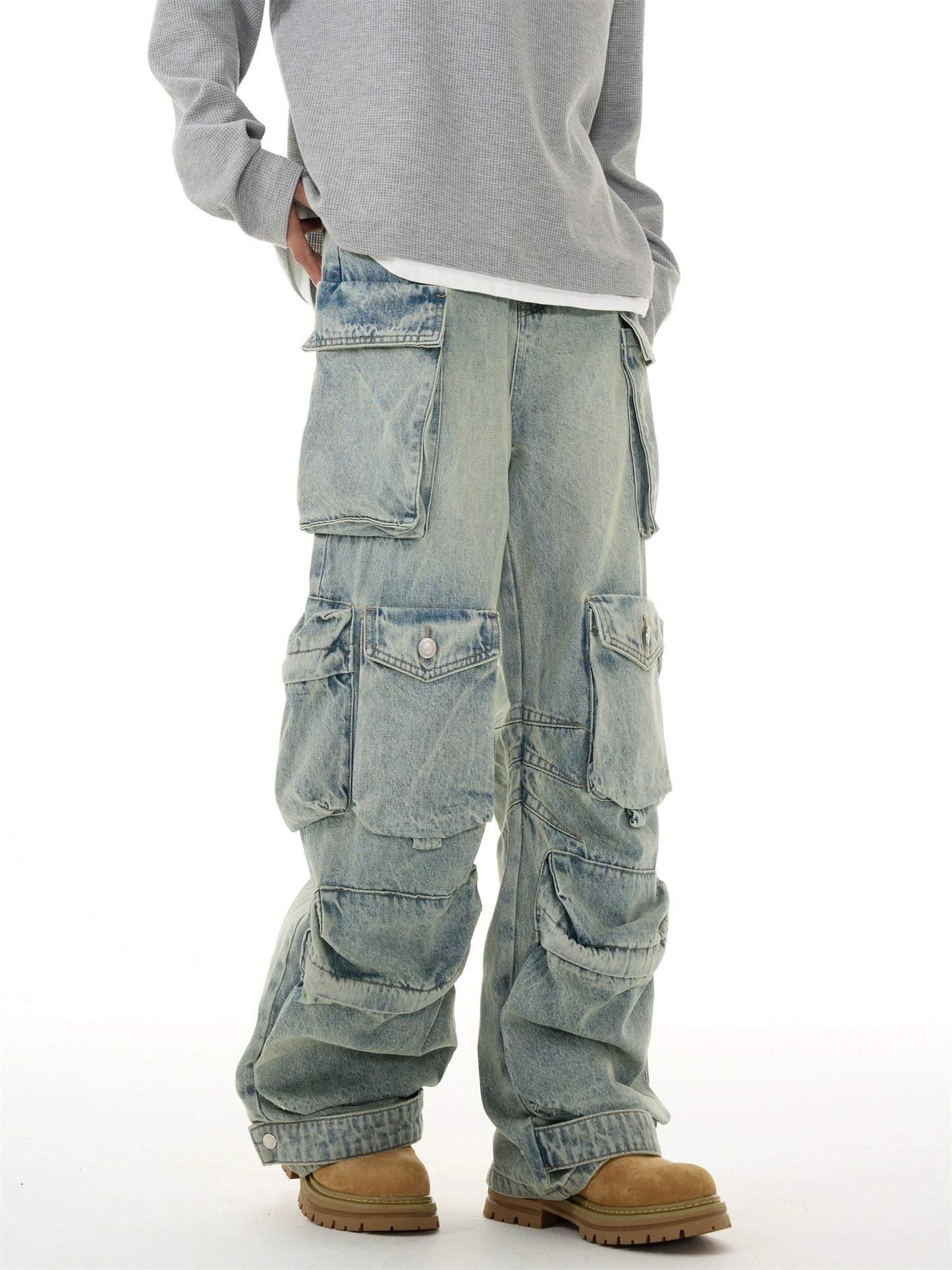 Heavy washed multi-pocket old jeans men's niche loose straight American pants