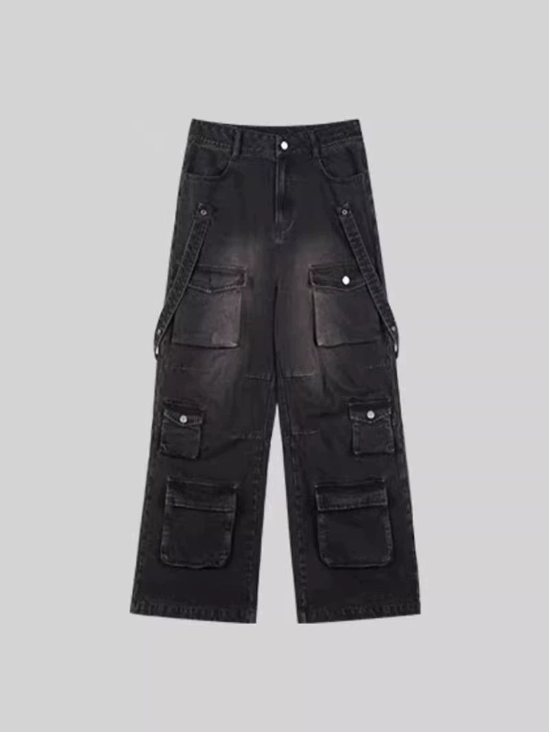 American multi-pocket tooling washed jeans women's hip-hop street vibe wide-leg trousers