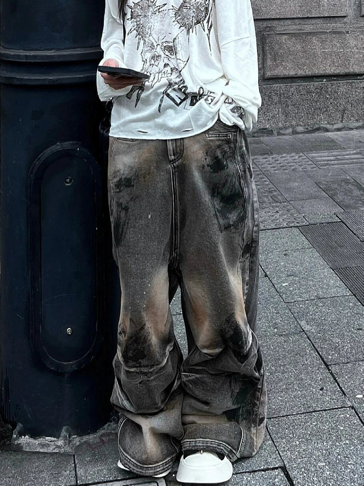 Large size American street heavy industry dirty stained jeans men's and women's autumn and winter retro old loose pleated floor pants