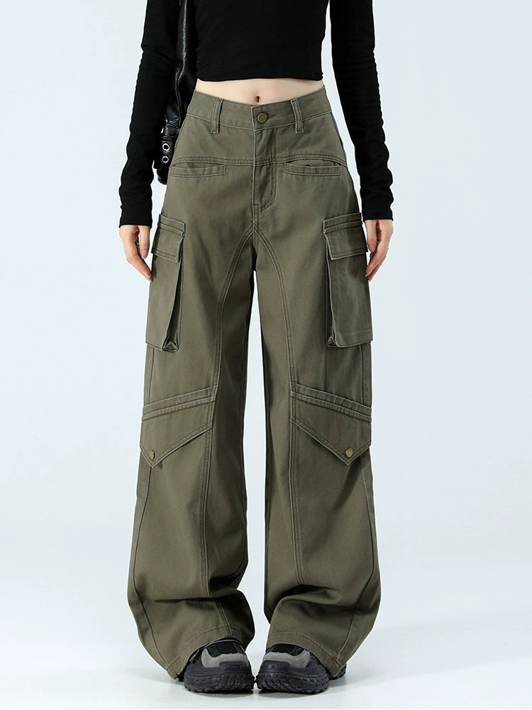 American overalls women's autumn 2024 new trendy brand army green loose wide-leg jeans straight and thin