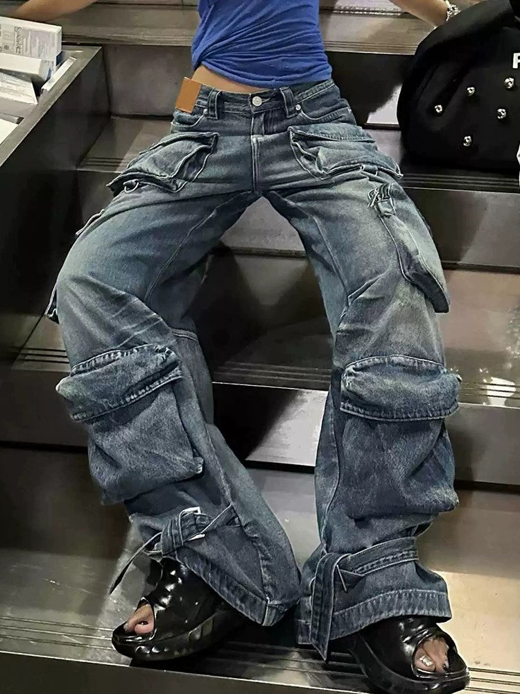 American retro multi-pocket tooling jeans men and women street style babes do old washed wide-leg pants tide