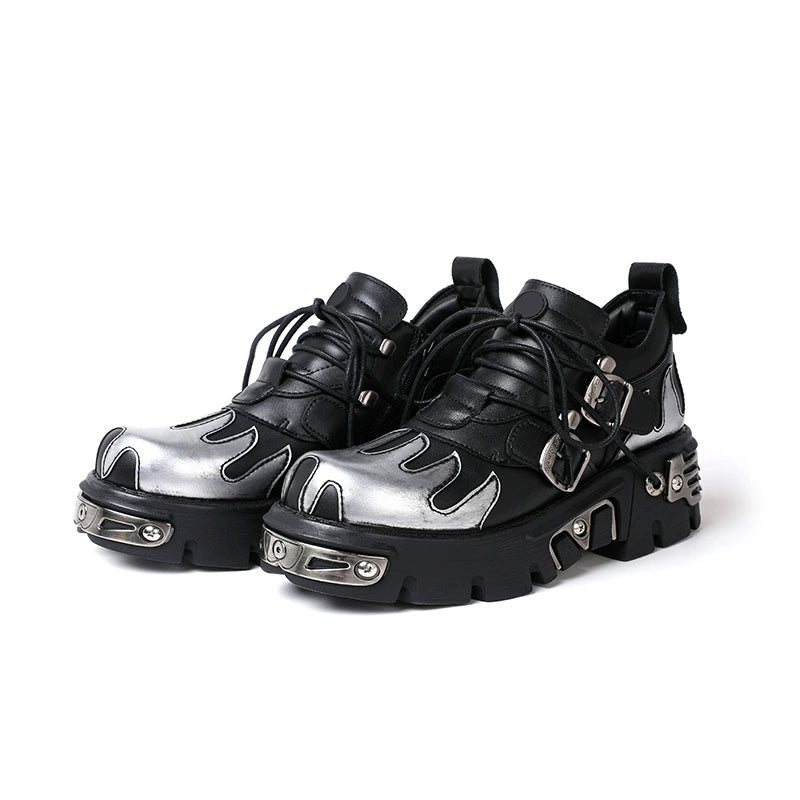 Men's and women's personalized locomotive summer subculture retro dark punk metal rock thick bottom low top black leather shoes