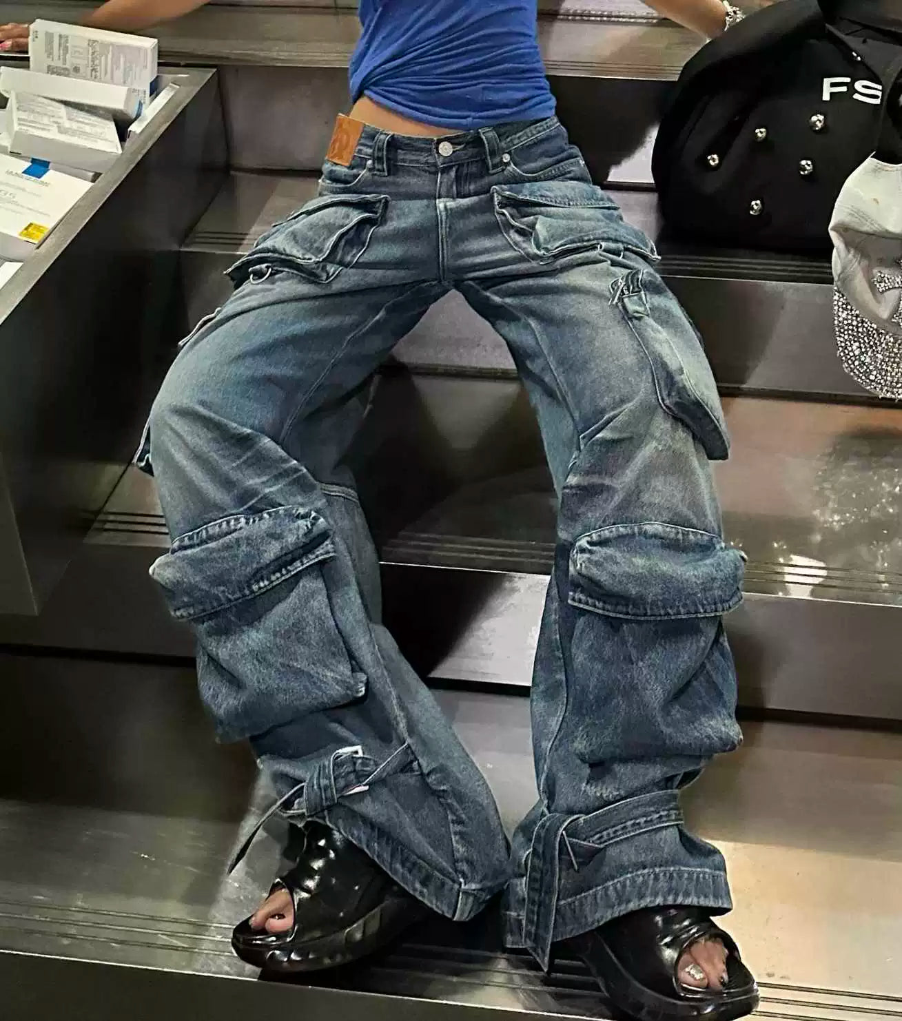 American retro multi-pocket denim overalls children autumn and winter street style spice girls do old washed wide-leg trousers tide