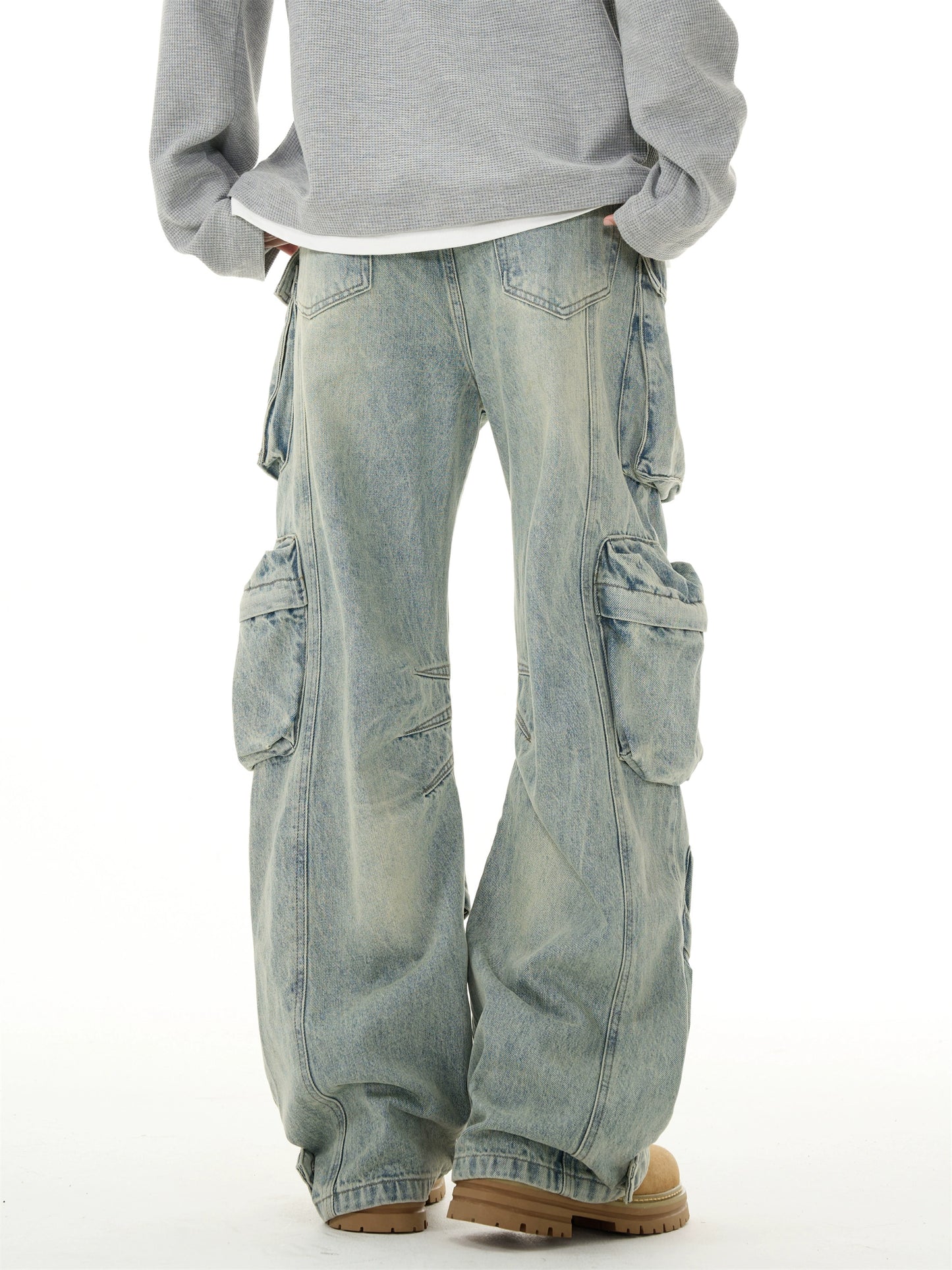 Heavy washed multi-pocket old jeans men's niche loose straight American pants