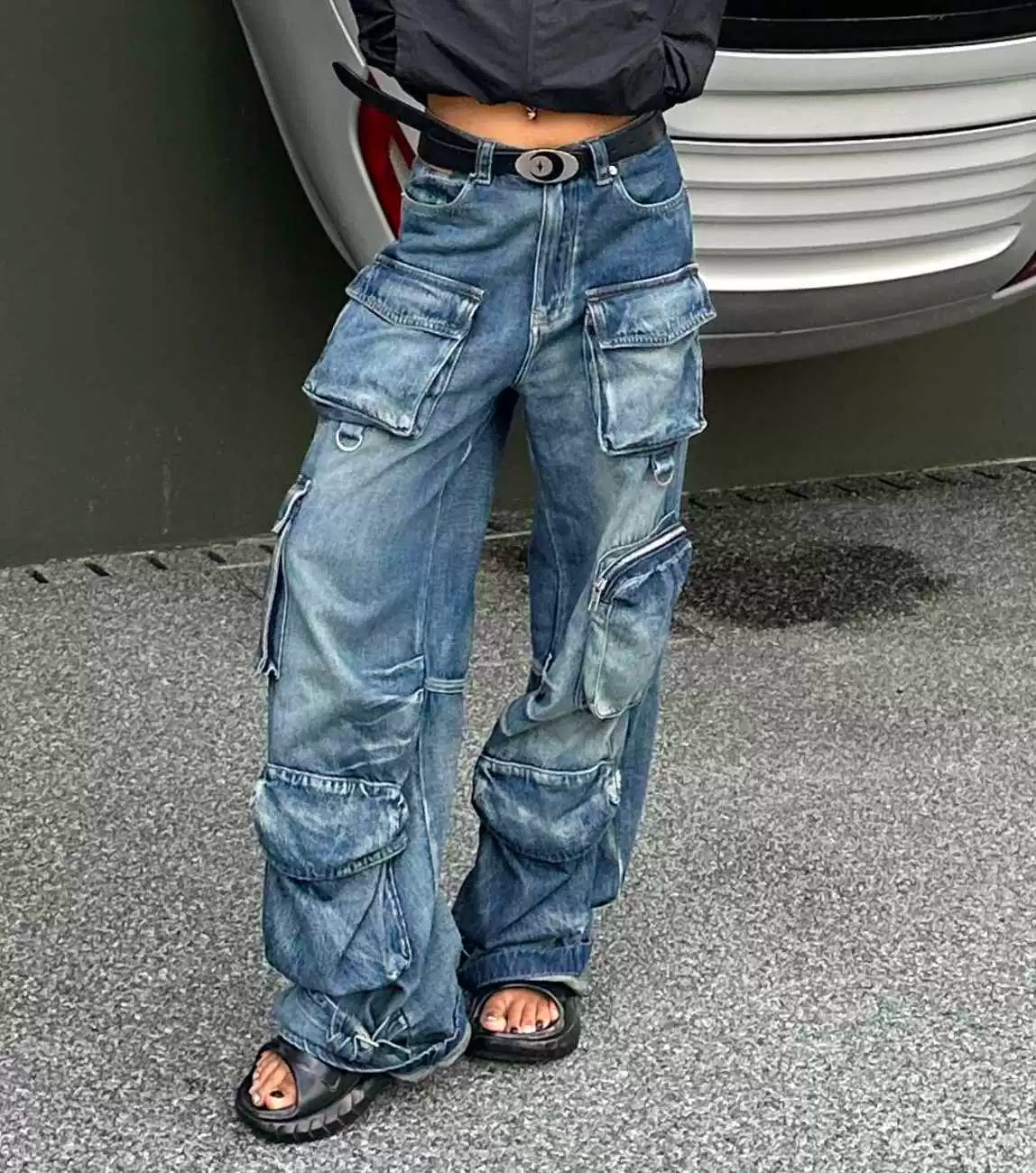 American retro multi-pocket denim overalls children autumn and winter street style spice girls do old washed wide-leg trousers tide