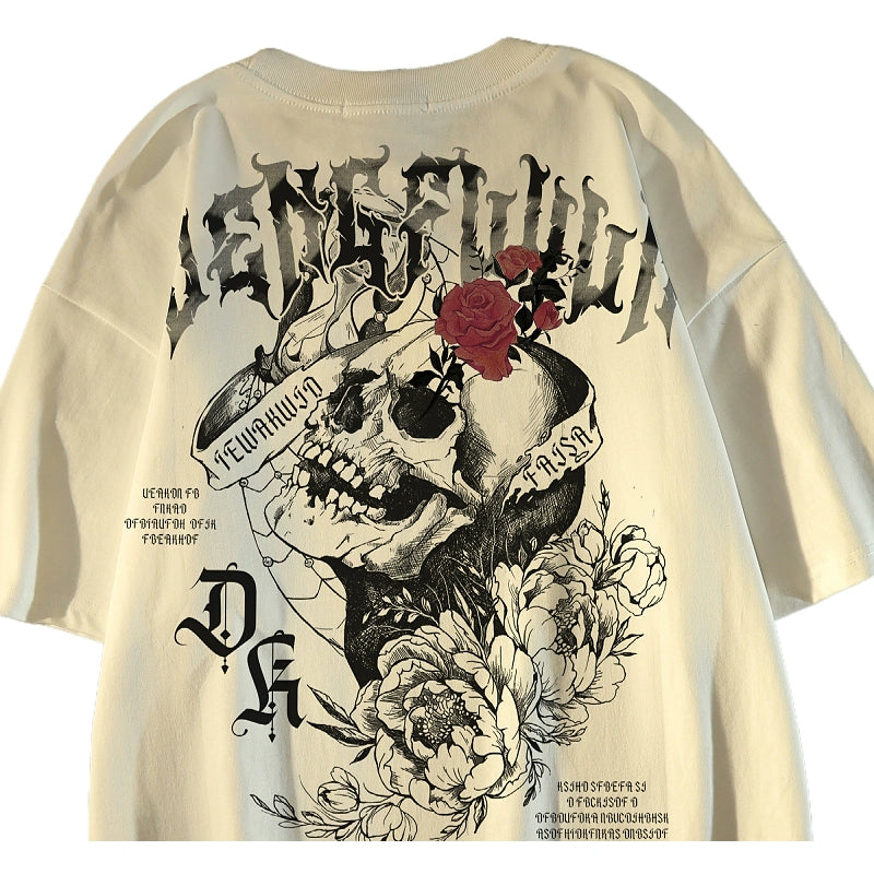American retro skull print cotton short-sleeved t-shirt for women and men, summer European and American street fashion brand top