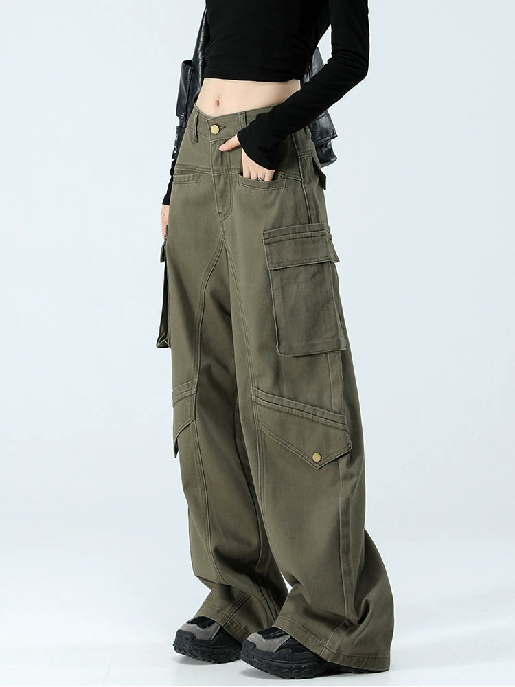 American overalls women's autumn 2024 new trendy brand army green loose wide-leg jeans straight and thin