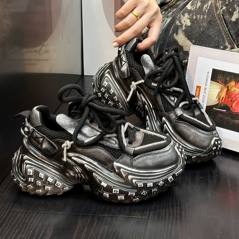 Retro old platform dad shoes women's 2024 autumn new leather polished muffin bottom heightening casual sports shoes
