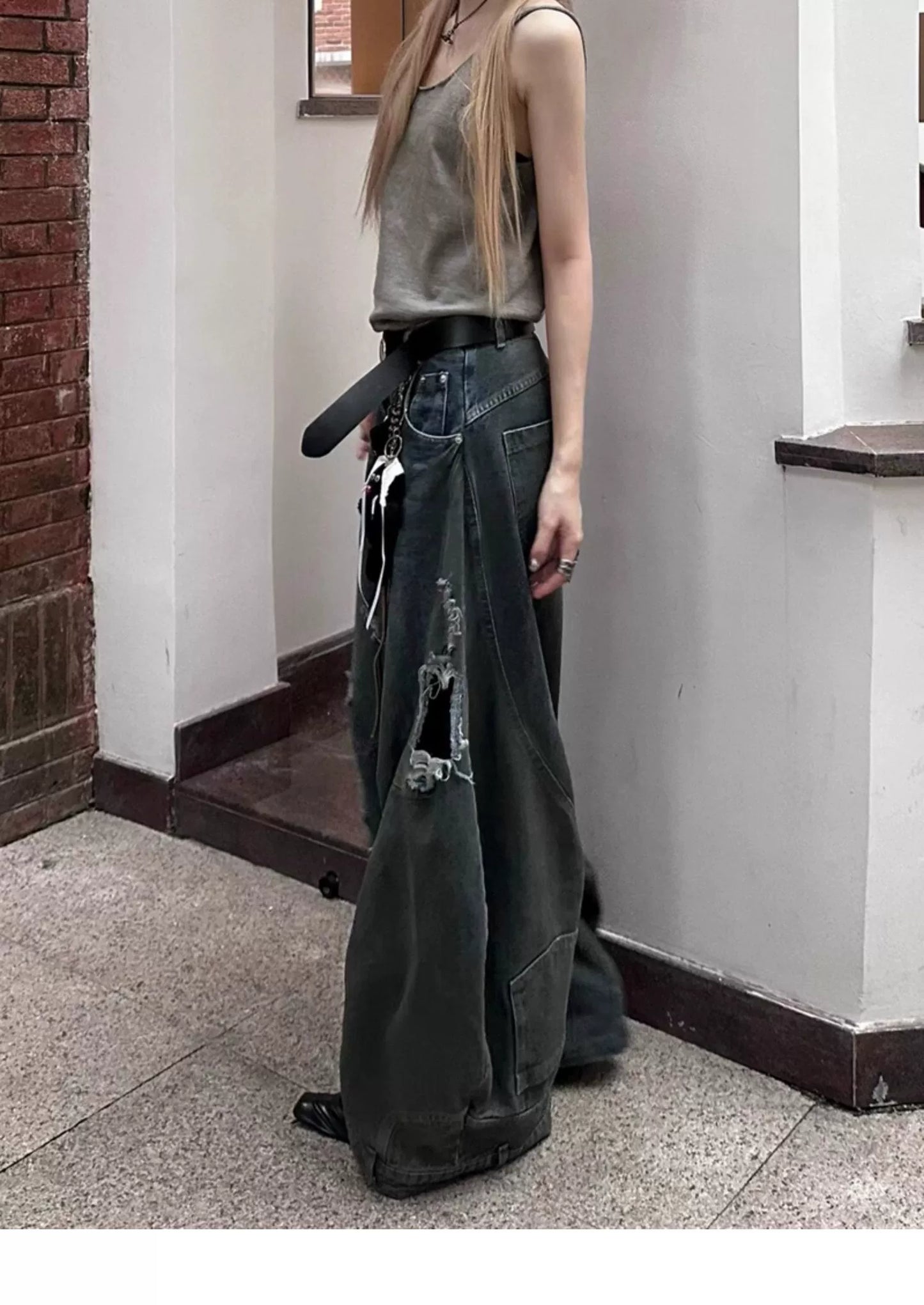 American high street style Spice Girl ripped jeans men and women spring and autumn wasteland style old dirty mopping pants