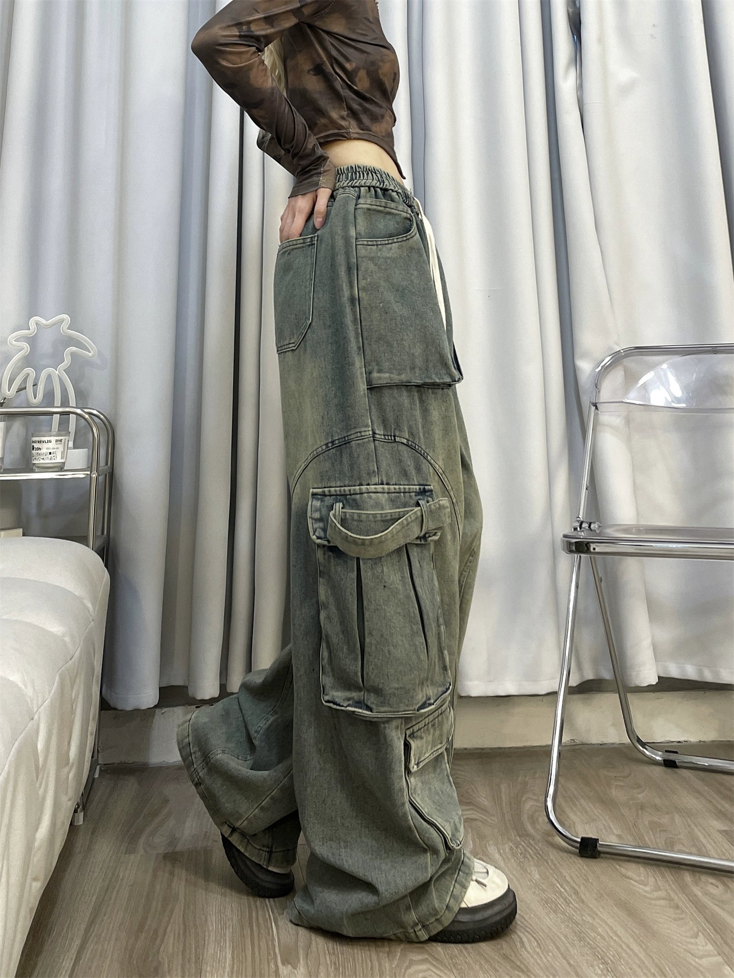 American retro jeans old washed overalls women's heavy industry design loose straight trousers