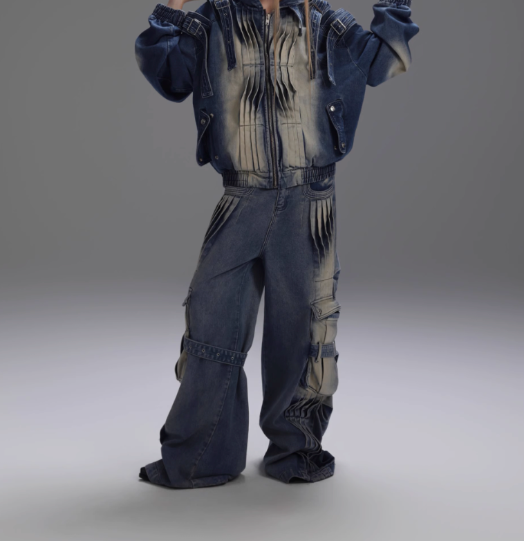 Niche deconstruction pleated old design sense heavy industry big pocket wide leg jeans