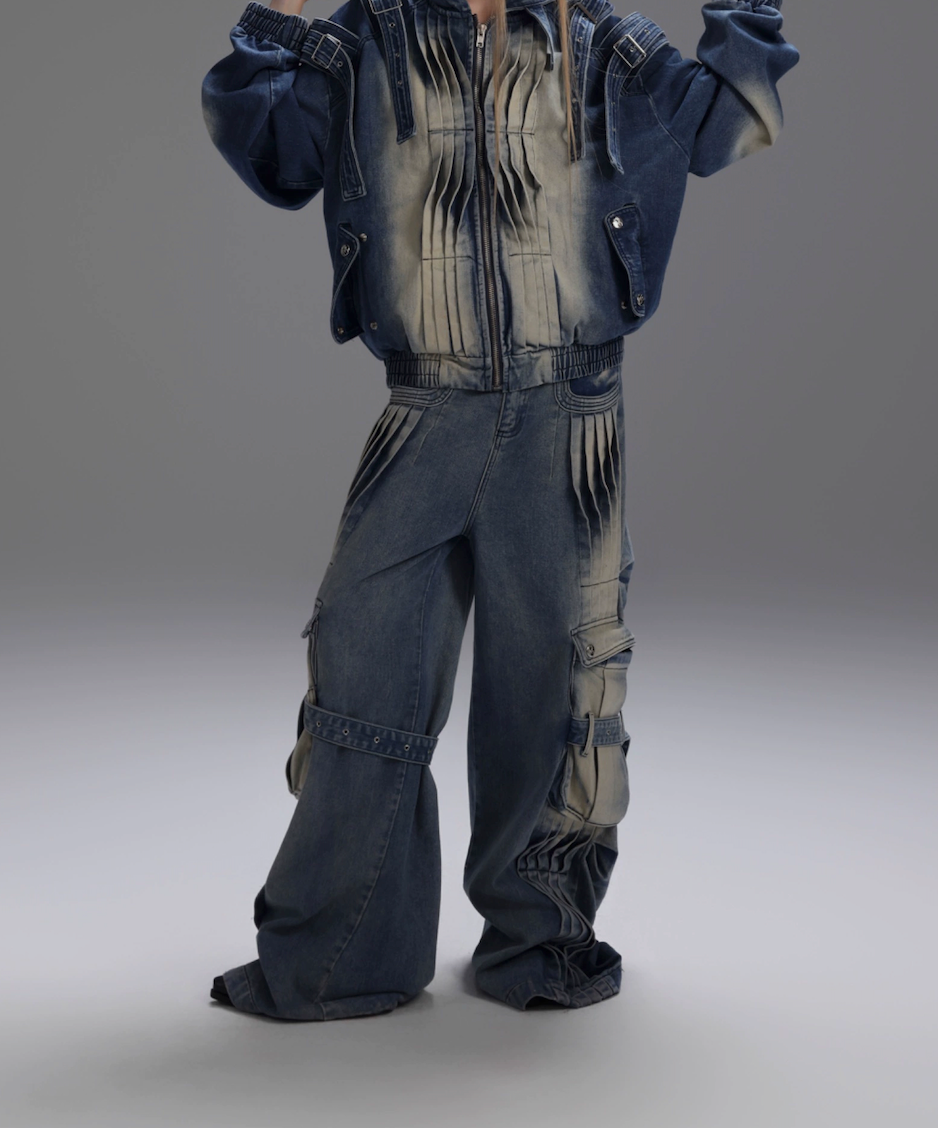 Niche deconstruction pleated old design sense heavy industry big pocket wide leg jeans