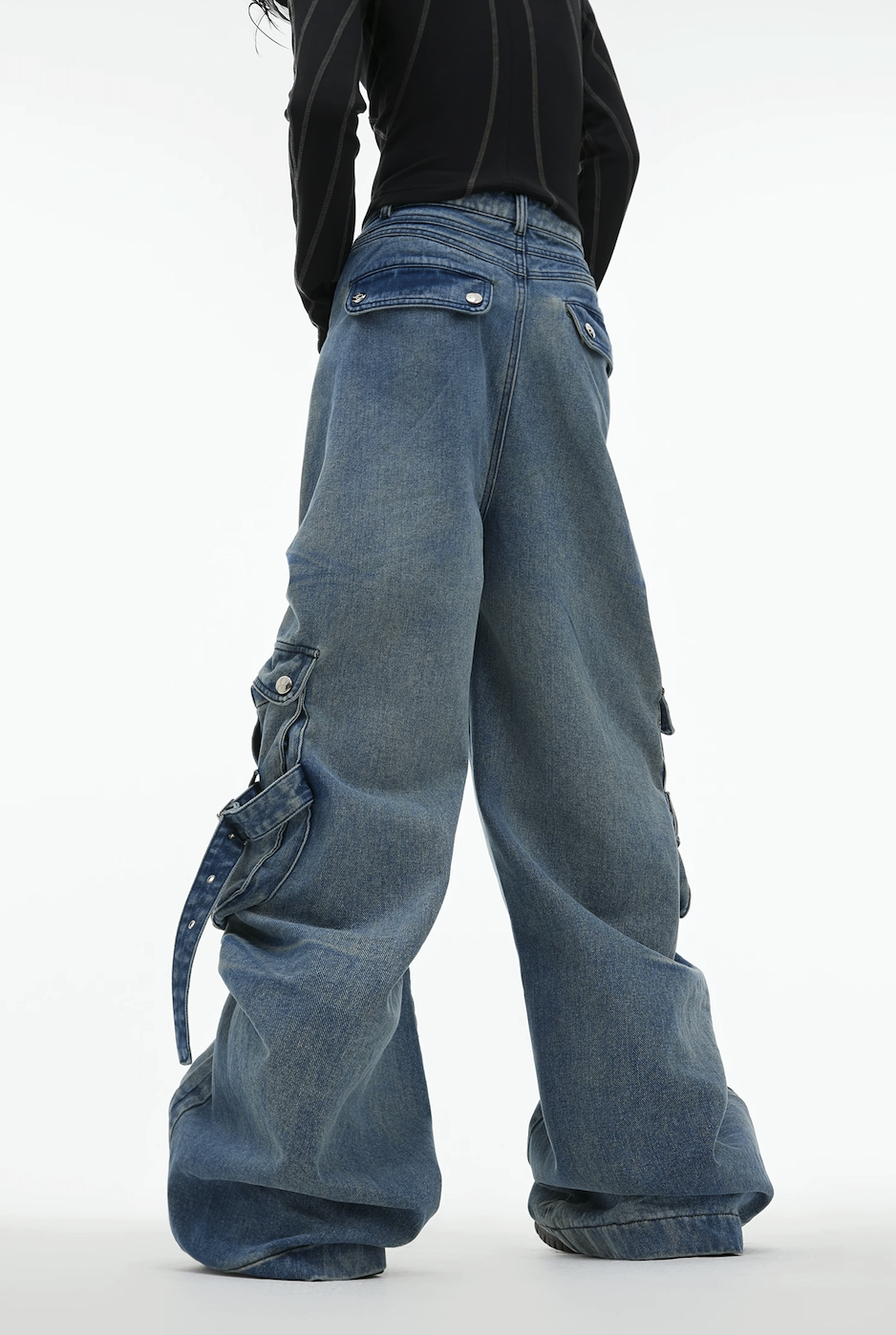 Niche deconstruction pleated old design sense heavy industry big pocket wide leg jeans