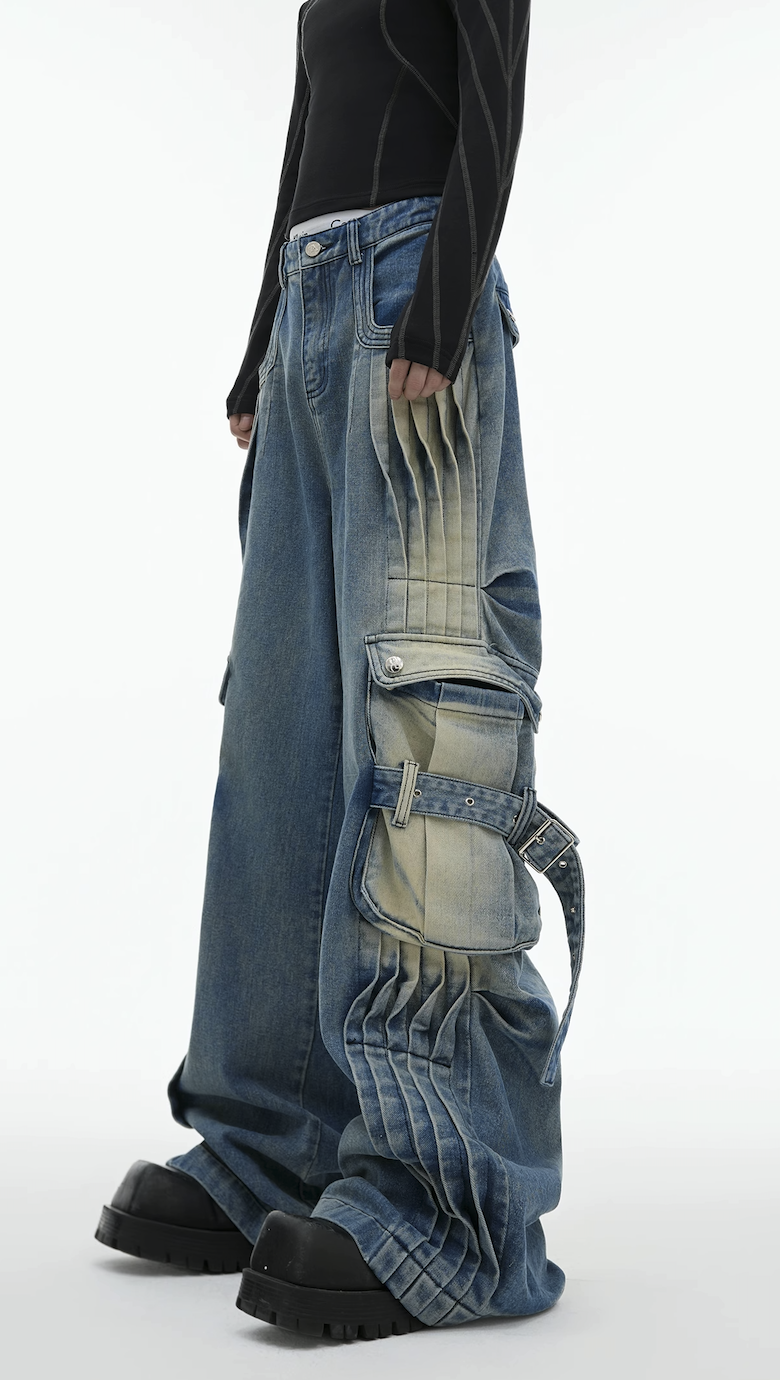 Niche deconstruction pleated old design sense heavy industry big pocket wide leg jeans