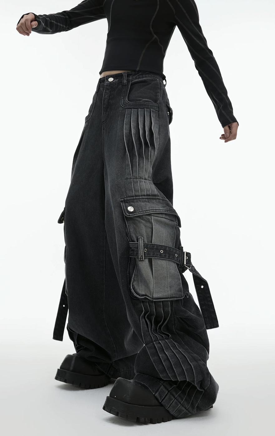 Niche deconstruction pleated old design sense heavy industry big pocket wide leg jeans