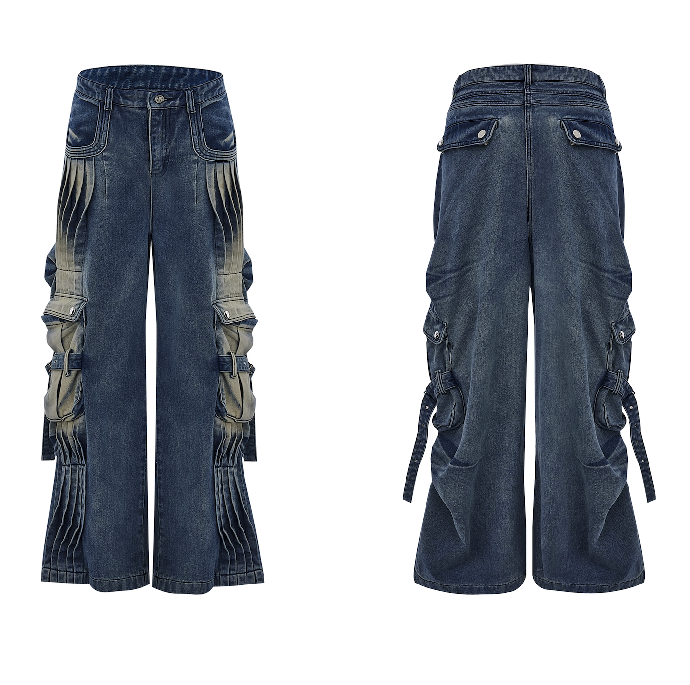 Niche deconstruction pleated old design sense heavy industry big pocket wide leg jeans