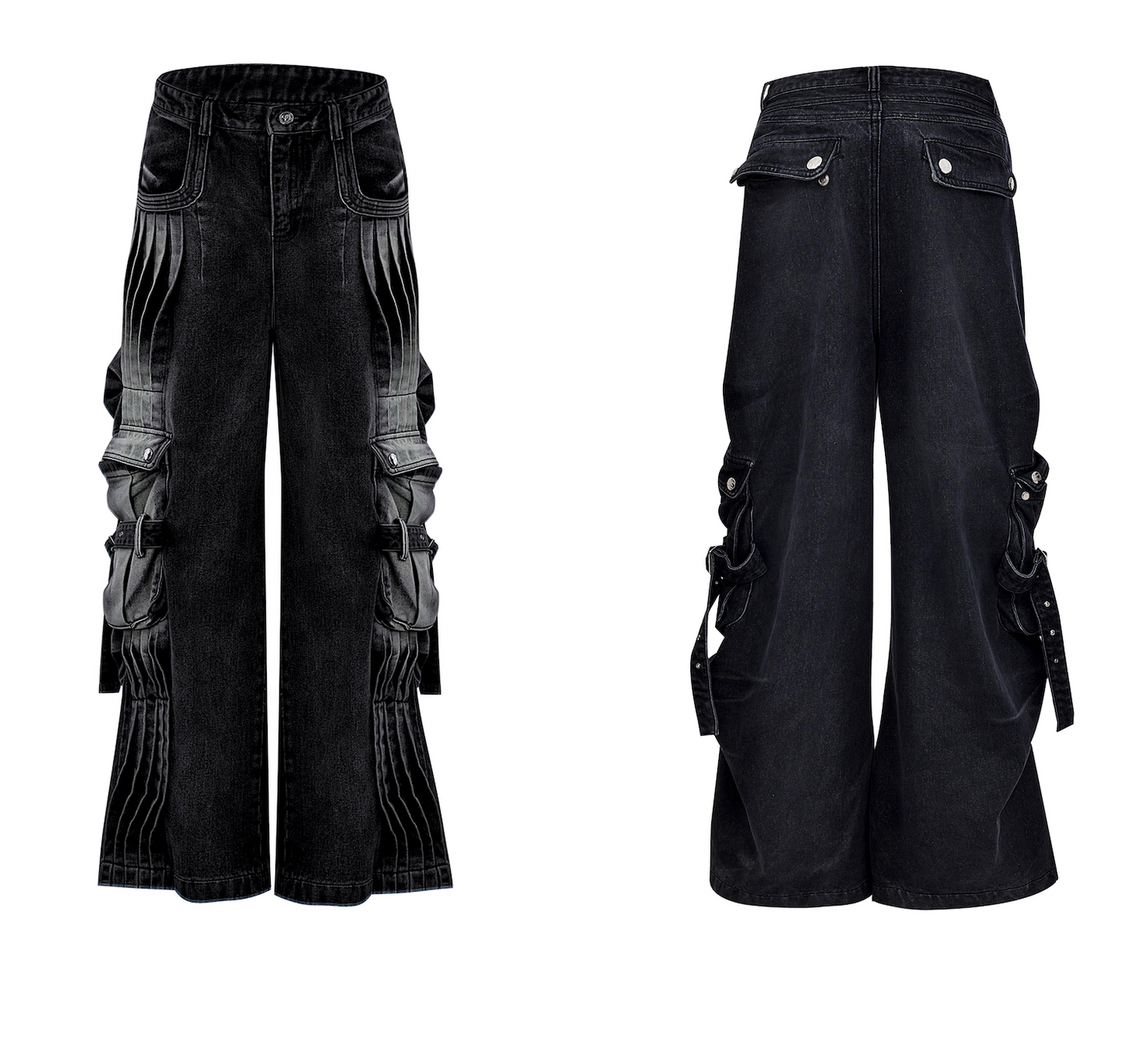 Niche deconstruction pleated old design sense heavy industry big pocket wide leg jeans