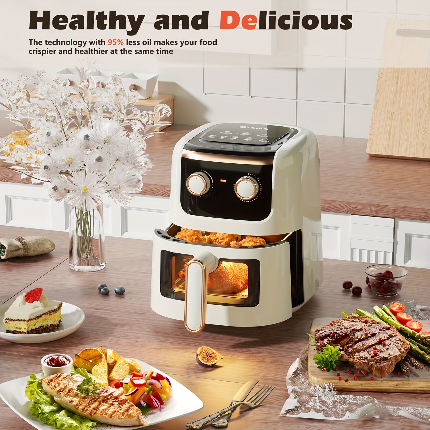 7L Air Fryer with Easy View Windows, Airfryer Adjustable Time&Temp ControlIdeal for 3-5 People Quick Heals Snack in Minutes, Compact Size Space-Saving with Nonstick Basket
