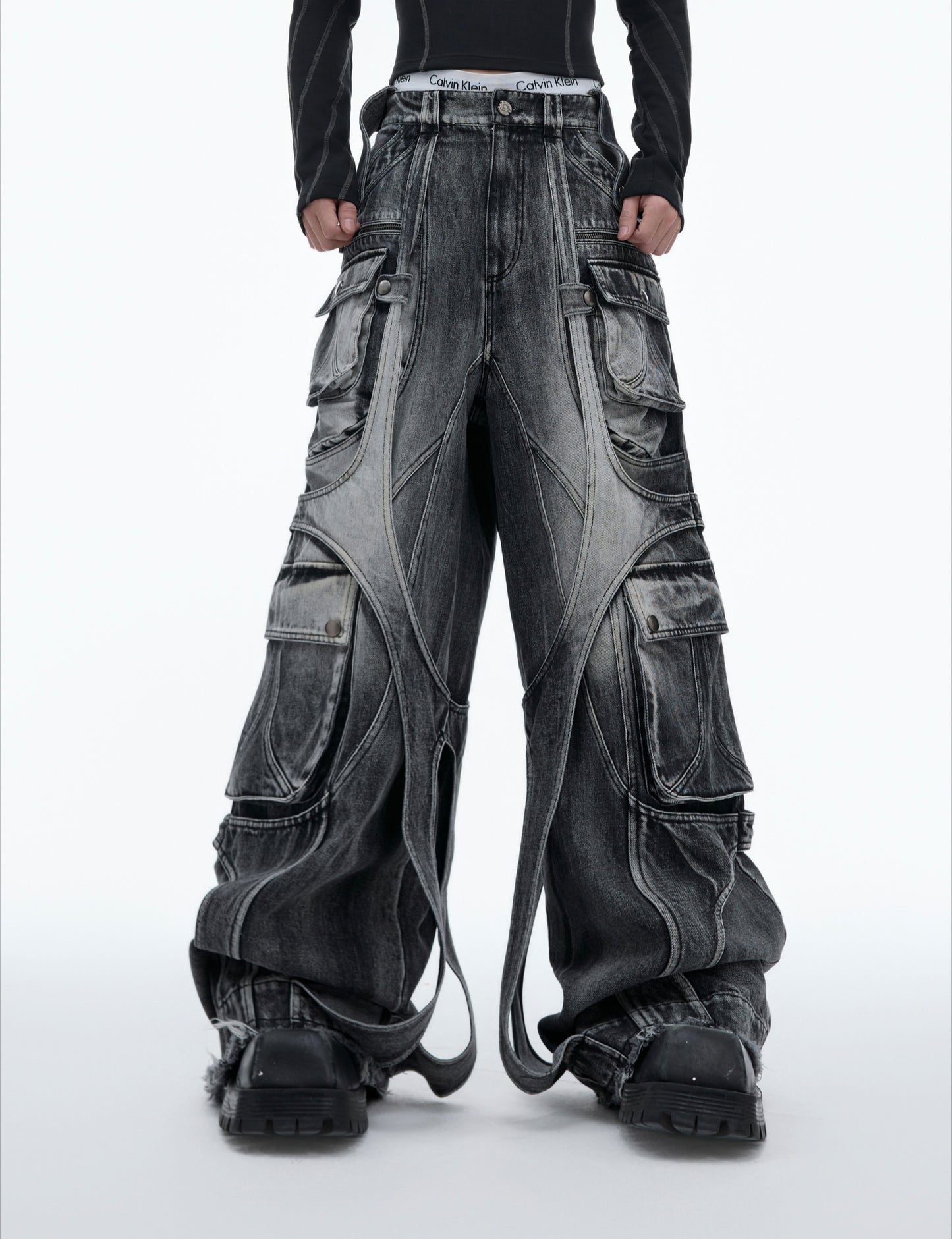 special-shaped engraved, heavy-duty washed wide-leg jeans, streamer-wrapped loose multi-pocket overalls