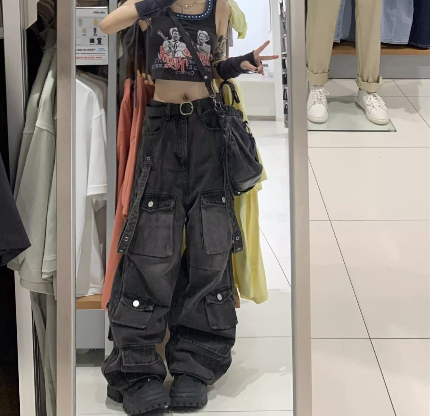 American multi-pocket tooling washed jeans women's hip-hop street vibe wide-leg trousers