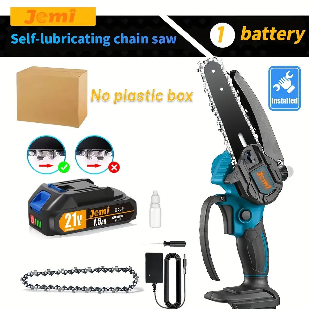 Jemi Tool 6-Zoll-Mini-Kettensäge mit automatischer Schmiersystem, 1/2 * 1.5Ah Akku, mit 1/2 Kette für Holzbearbeitung, Zweigschneiden, Gartenpflege