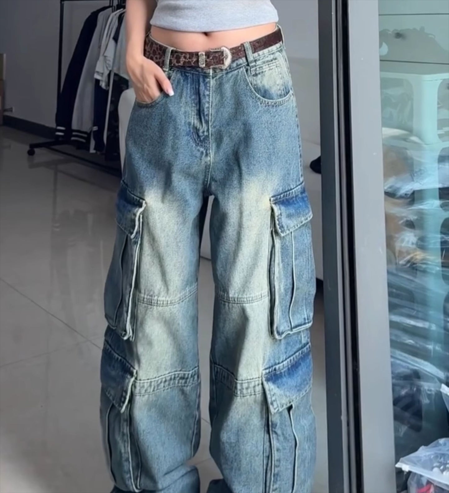 Large size American street retro heavy industry multi-pocket denim overalls women's 2024 autumn loose and versatile wide-leg pants