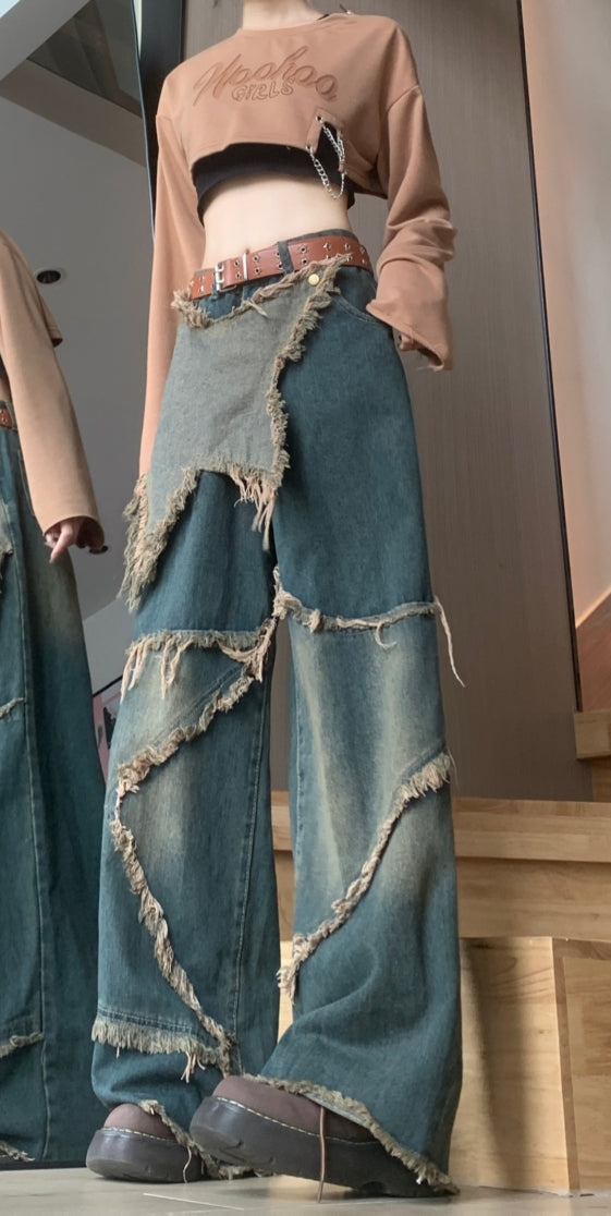 American vibe retro old star burr jeans women's summer high street design sense loose wide leg floor pants