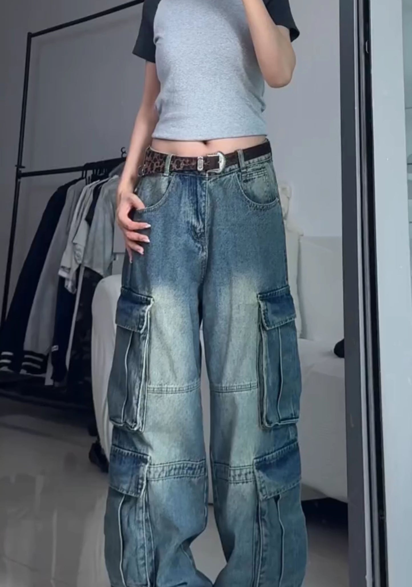 Large size American street retro heavy industry multi-pocket denim overalls women's 2024 autumn loose and versatile wide-leg pants